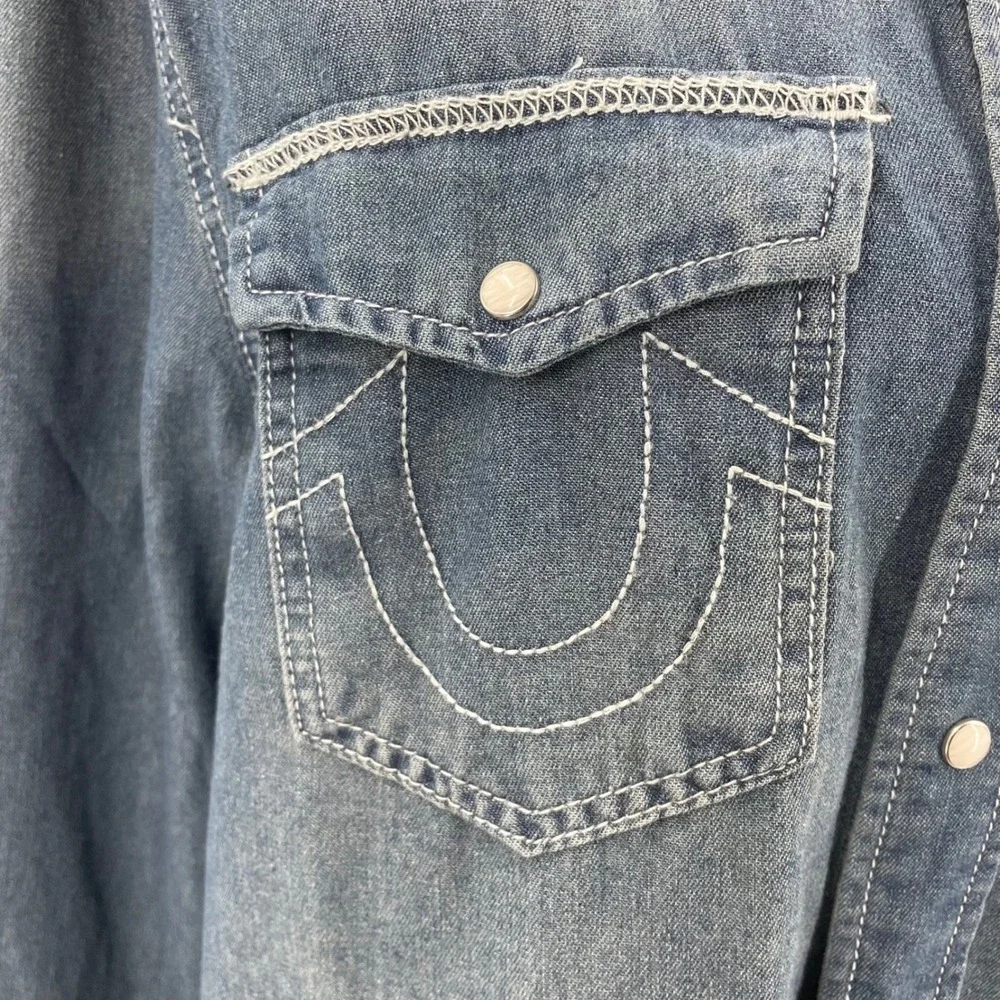 True Religion Mens Chambray Western Snap Shirt Buddha Logo Blue 700701 Small NWT